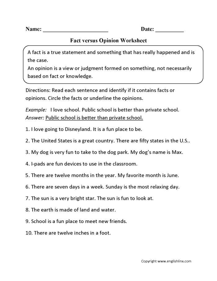Worksheet for identifying fact versus opinion sentences for fourth graders