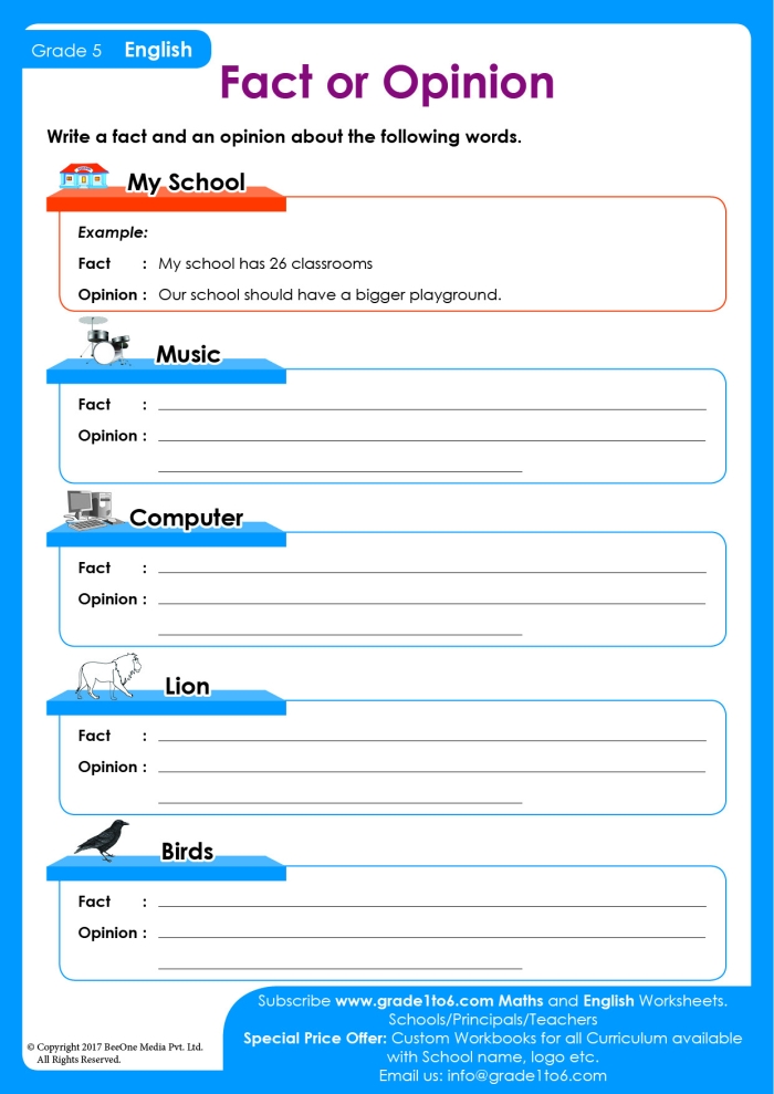 Worksheet featuring fact and opinion sentences for fourth graders