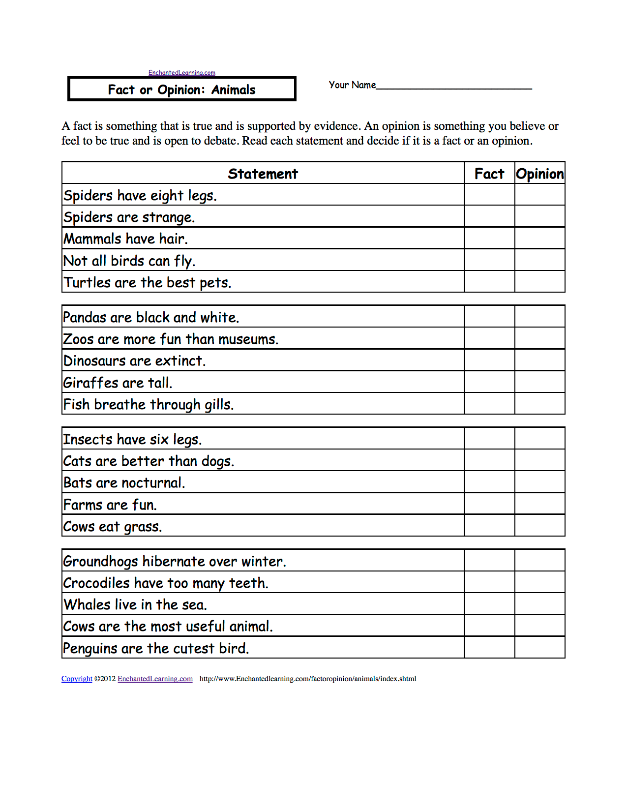 Fact or Opinion Sentences worksheet designed for fourth grade students to practice distinguishing between facts and opinions