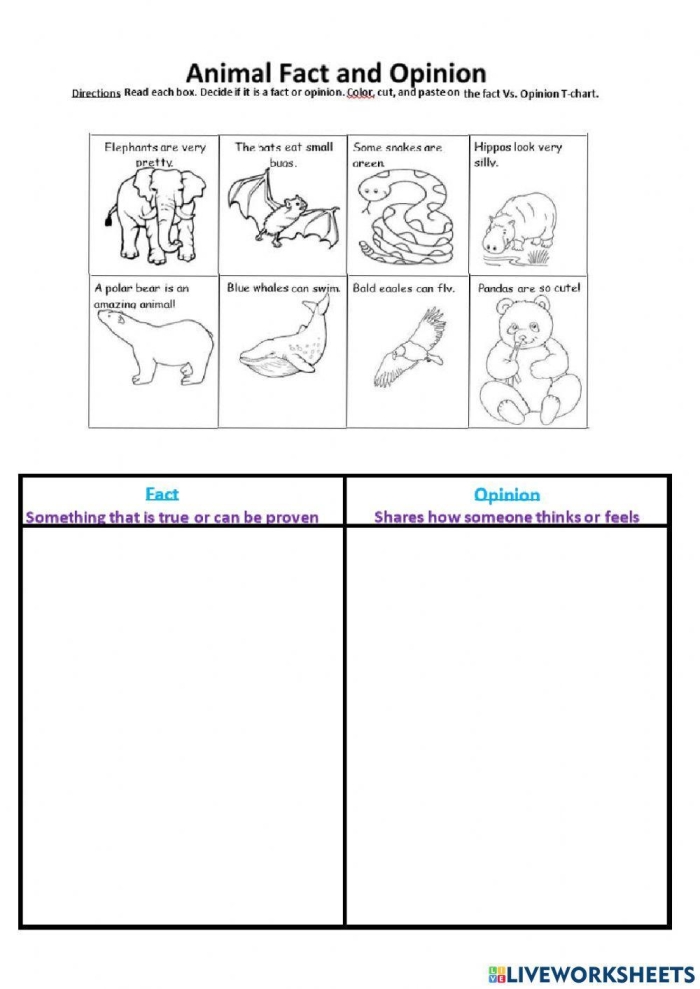 First grade students sorting statements into facts and opinions on a worksheet. Fact vs. Opinion Sort worksheet for young learners.