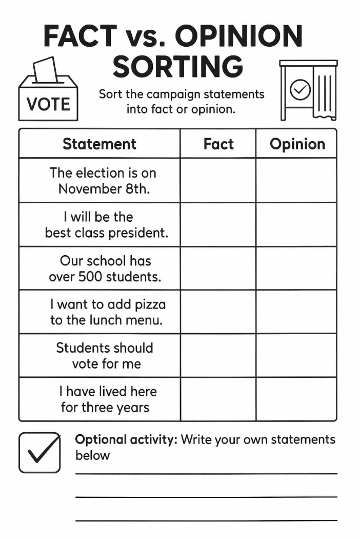 Colorful Fact vs. Opinion Sort worksheet for first graders with cut-out statements. Educational activity for teaching the difference between facts and opinions.