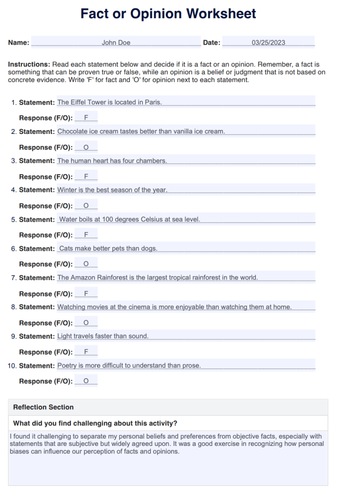 Fact vs. Opinion Sort worksheet for first graders featuring cut-out statements to categorize