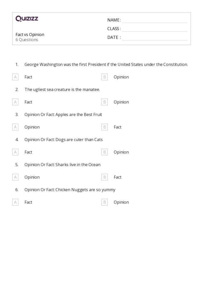 Colorful Fact vs. Opinion Sort worksheet for first graders, featuring statements to categorize. Educational tool designed to help young students distinguish between factual and opinion-based statements.