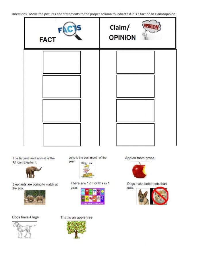Fact vs. Opinion Sort worksheet for first graders, featuring cut-out statements for categorization. Educational tool designed to help students distinguish between factual information and personal opinions.