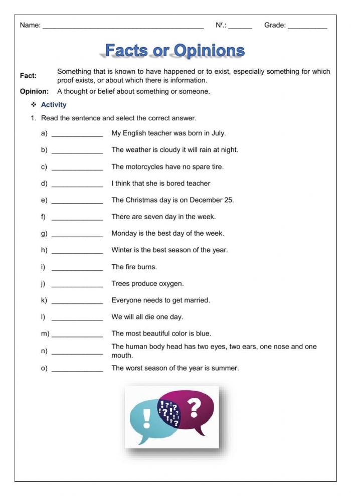 Fact and opinion worksheet designed for third graders to help distinguish between facts and opinions. Engaging activity to enhance grammar and mechanics skills for young learners.