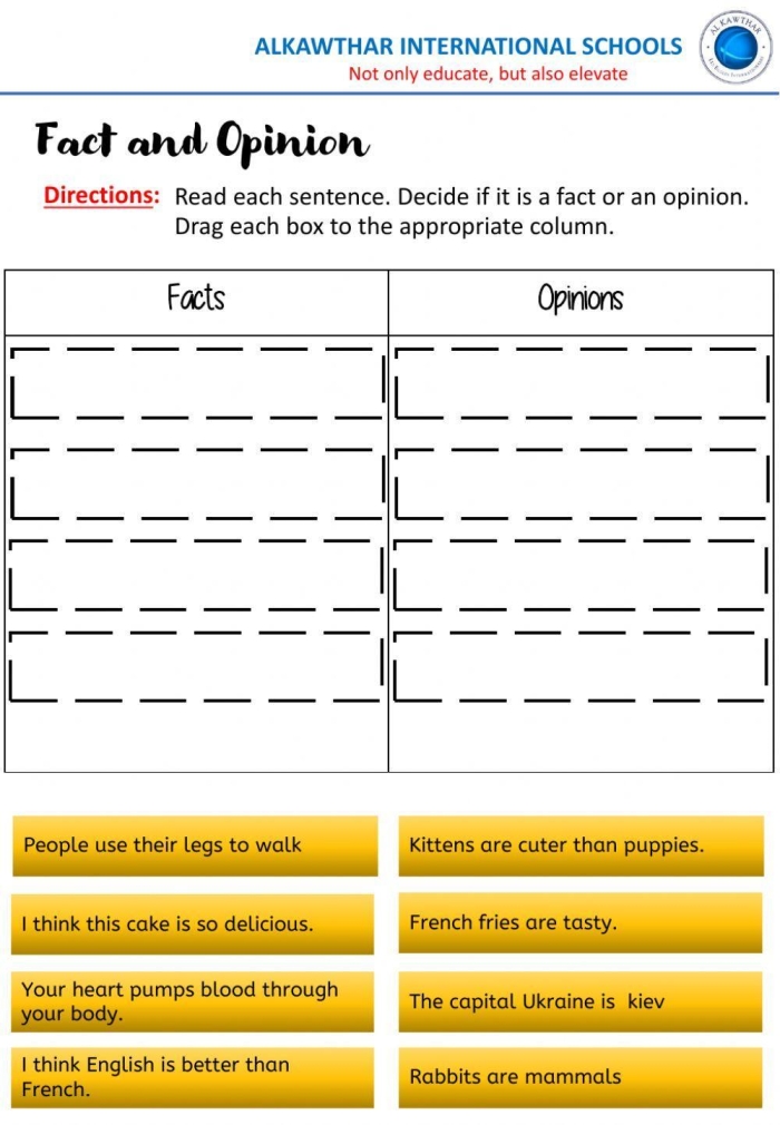 A first-grade worksheet featuring the title "Fact or Opinion? You Decide!" with eight sentences for children to classify. Engaging activity for young learners to distinguish between factual statements and personal opinions.