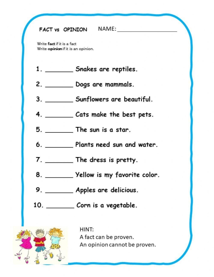 First grade worksheet featuring eight sentences for students to practice distinguishing between facts and opinions