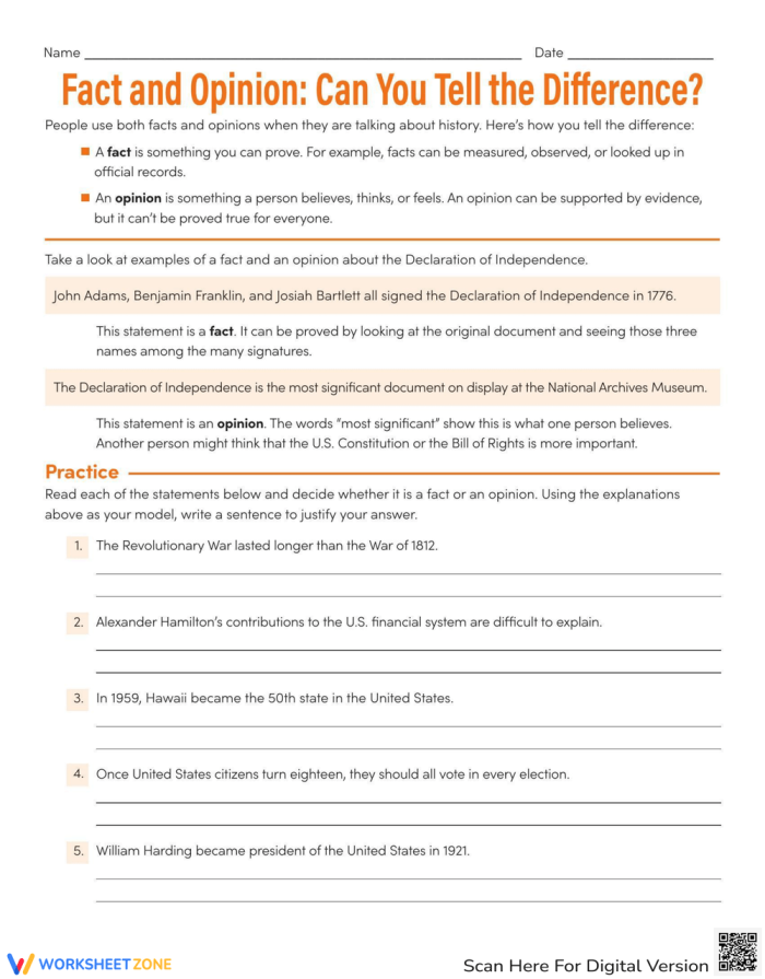 Worksheet illustration titled "Fact and Opinion: Can You Tell the Difference?" for sixth graders