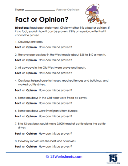 Worksheet on distinguishing between facts and opinions for sixth graders