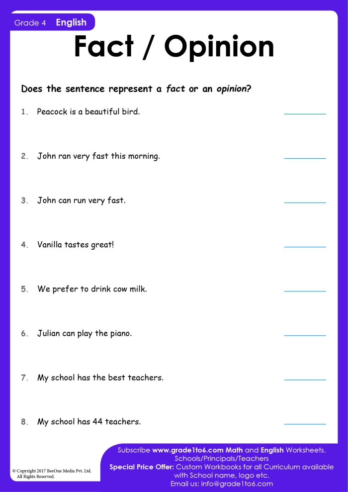 Fact and opinion worksheet for third graders illustrating key concepts. Educational resource to help students distinguish between facts and opinions.