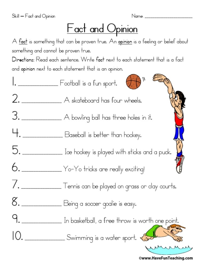 Fact and opinion worksheet for third graders focusing on distinguishing between facts and opinions. Engaging fact and opinion worksheet designed to enhance grammar skills for young learners.