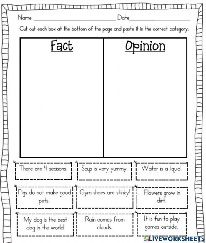 A worksheet for first graders distinguishing between facts and opinions with example sentences. Fact or Opinion? You Decide! worksheet for Grade 1 vocabulary skills.