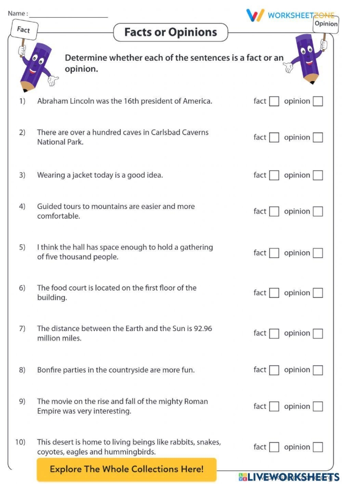 Facts vs Opinions Reading Worksheet for Second Grade Page 5 Second grade students practicing identifying facts versus opinions on a reading comprehension worksheet