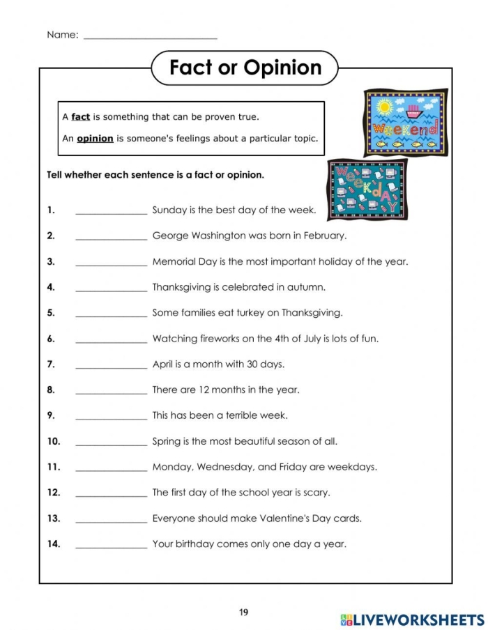 Fourth grade worksheet featuring multiple choice exercises for identifying fact or opinion sentences