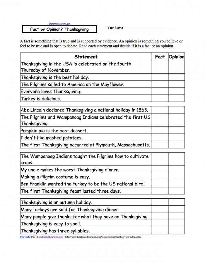 First grade student worksheet asking children to identify if eight sentences are facts or opinions