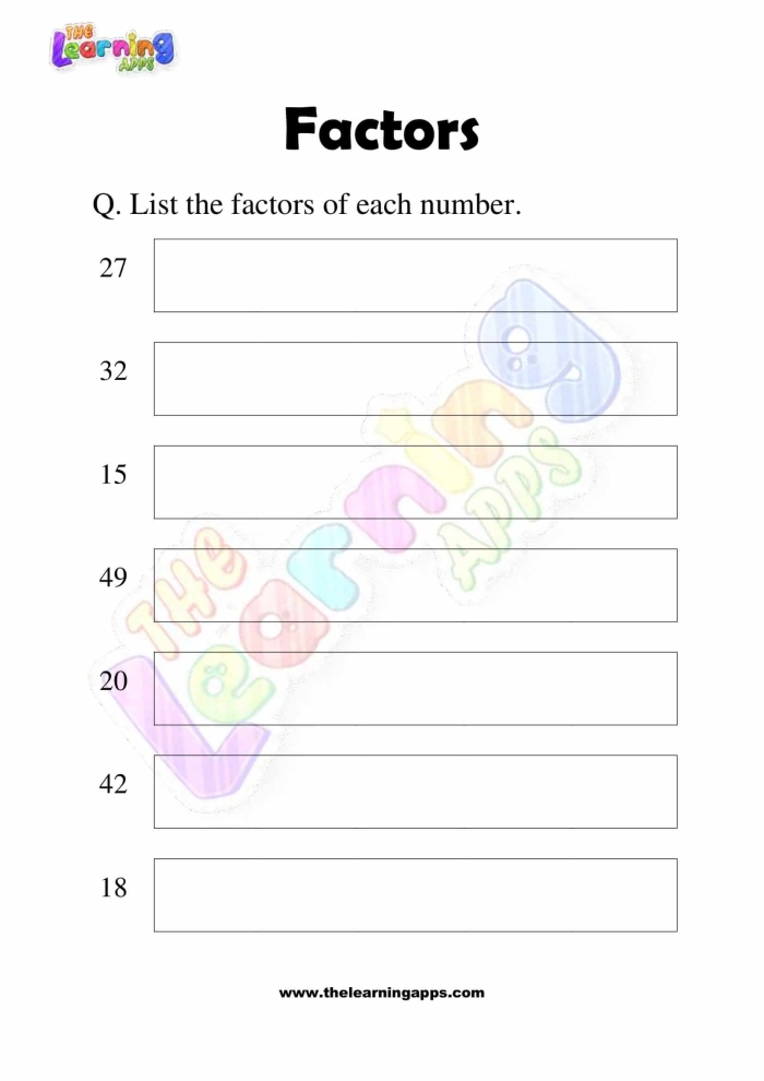 Worksheet for fourth graders to identify factor pairs of two-digit numbers