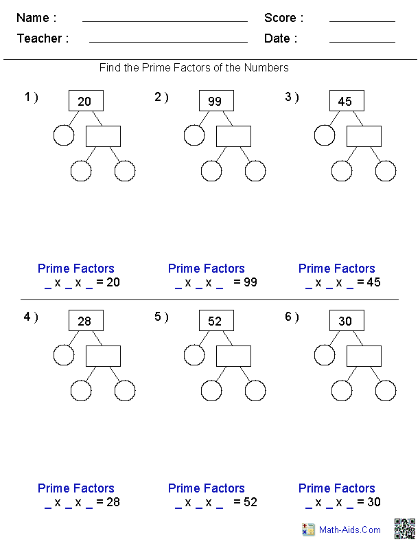 Factor Tree worksheet for fourth graders to practice finding factors through multiplication. Engaging multiplication exercise using a factor tree for children.