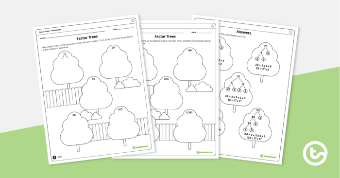 Factor Tree worksheet for fourth graders to practice identifying factors through visual representation