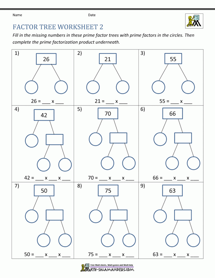 Children working on a Factor Tree worksheet to identify multiplication factors