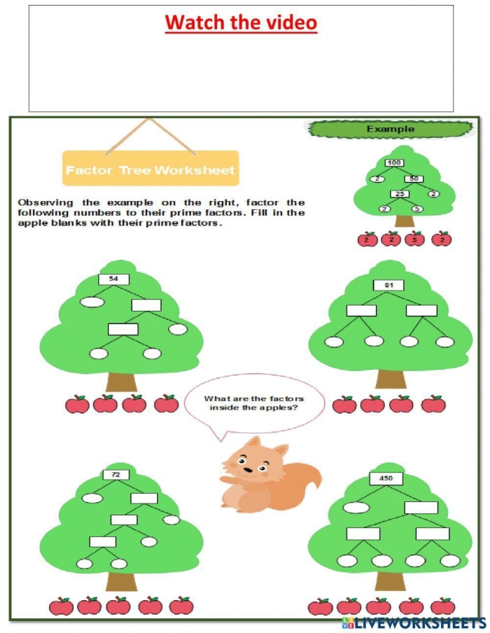 Factor Tree worksheet for fourth graders to learn about factors in multiplication