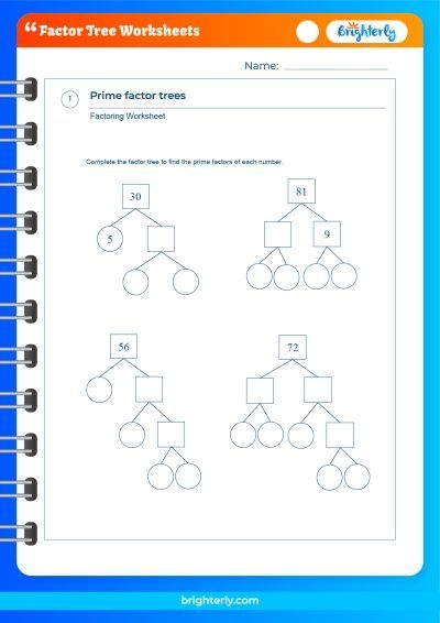 Factor tree worksheet for fourth graders focusing on identifying factors through multiplication exercises
