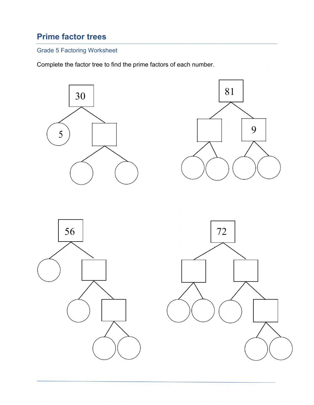 Factor Tree worksheet for fourth graders to help identify factors in multiplication. Engaging visual aid for practicing factorization skills in math.