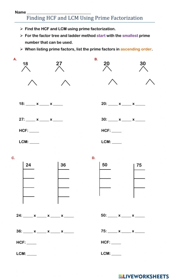 Worksheet featuring a factor tree for fourth graders to identify multiplication factors