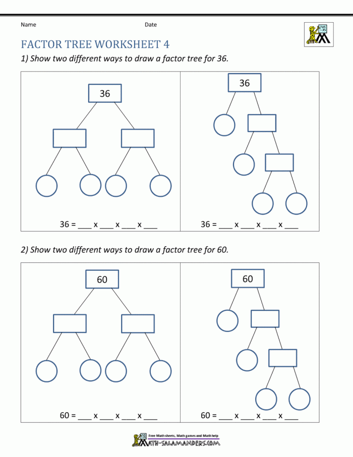 Factor Tree worksheet for fourth graders to practice finding factors through visual aids