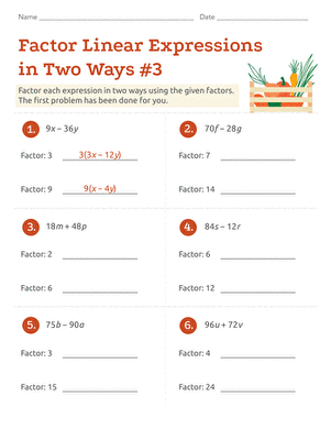 Seventh grade algebra worksheet featuring exercises on factoring linear expressions