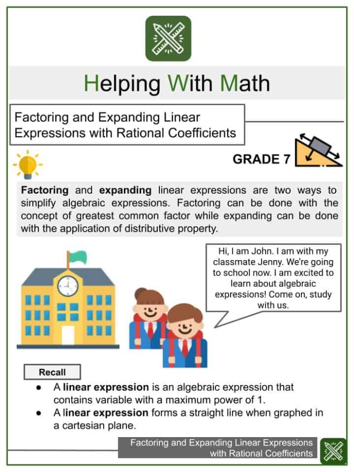 Seventh grade student working on a worksheet about expanding and factoring linear expressions