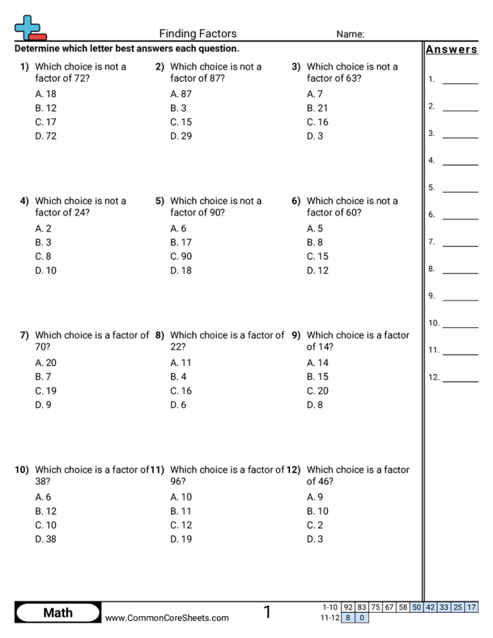 Fourth grade student completing a factors worksheet with multiplication problems and factor pairs