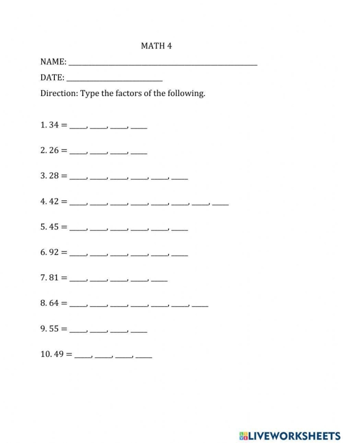Fourth grade math worksheet focused on identifying factor pairs for two-digit numbers
