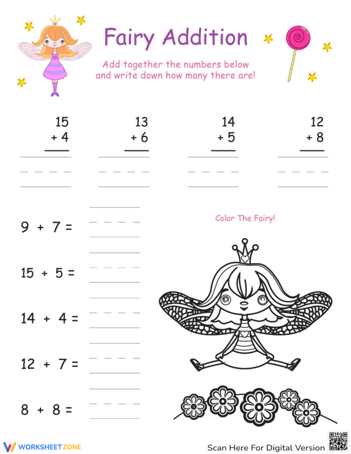 Engaging math practice for young learners featuring colorful fairies Fairy-themed double-digit addition worksheet for first graders