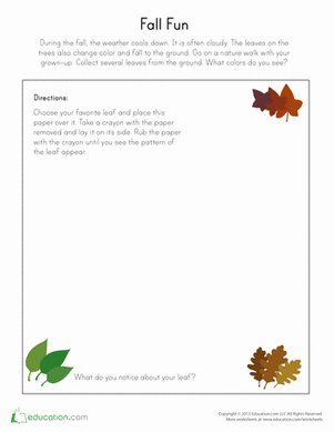 Colorful leaf rubbing worksheet for preschoolers to explore fall and weather concepts