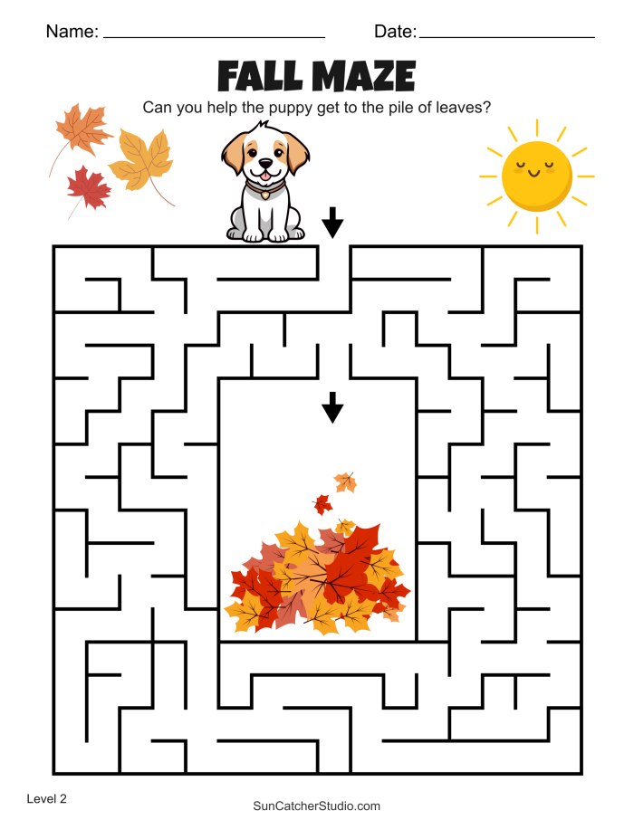 Pre-K printable fall maze worksheet featuring pumpkins and a path to the patch
