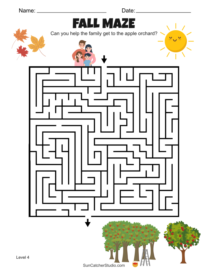 Colorful Fall Maze worksheet for Pre-K kids featuring pumpkins and a pumpkin patch