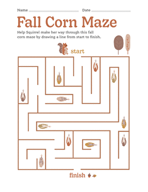Colorful Fall Maze worksheet for Pre-K students featuring pumpkins and a pumpkin patch