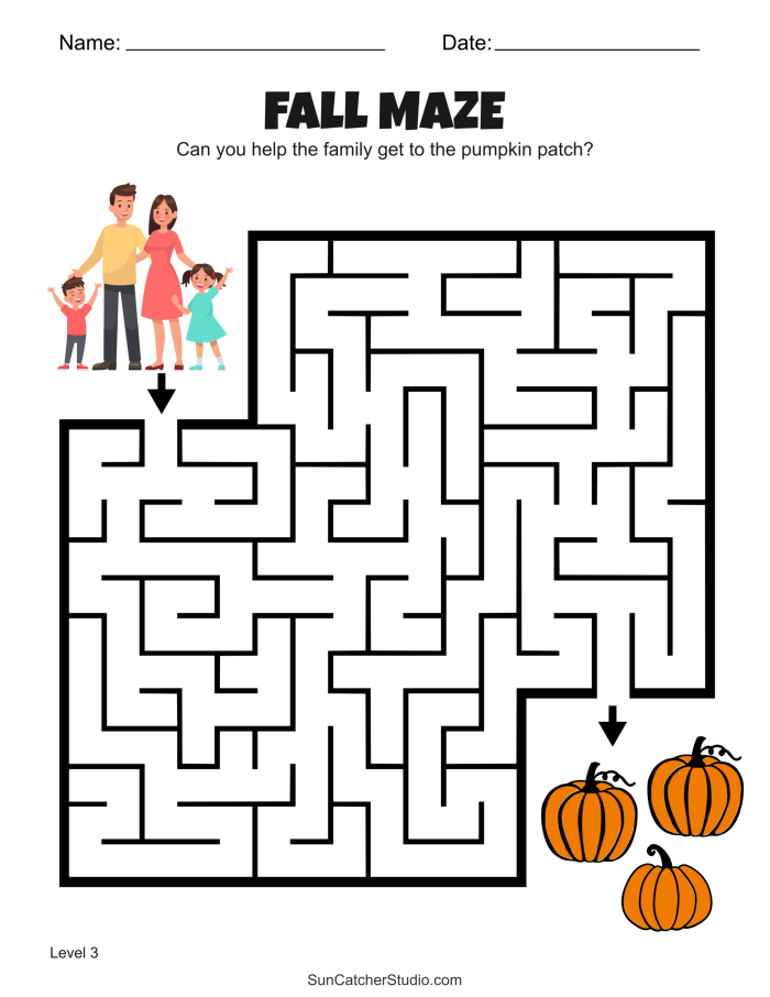 Colorful Fall Maze worksheet for Pre-K students featuring pumpkins and a pumpkin patch