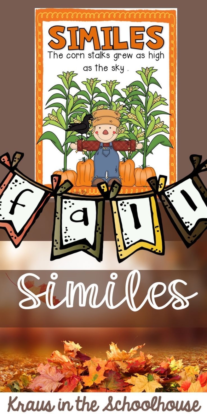 Figurative Language Maze Activity 16 for Fourth Grade Fall Similes Practice A student worksheet showing a fall-themed maze activity with simile examples and autumn leaves scattered throughout the puzzle path