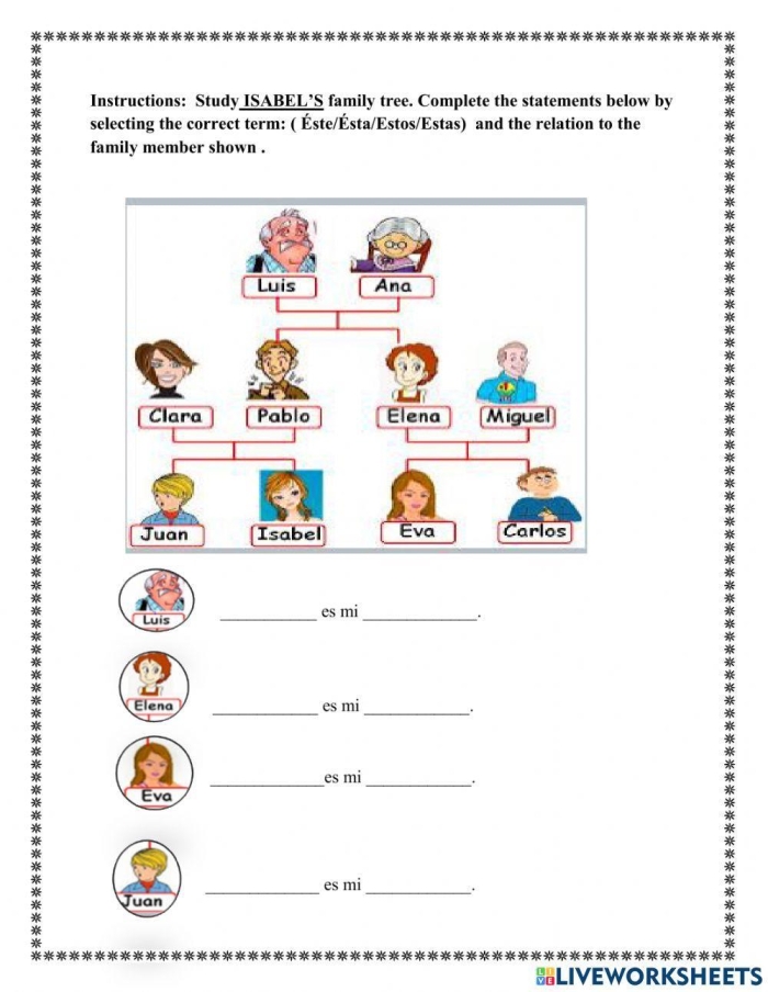 Spanish family vocabulary worksheet for third grade pattern exercises number nine Third grade student completing a bilingual family members pattern worksheet in Spanish