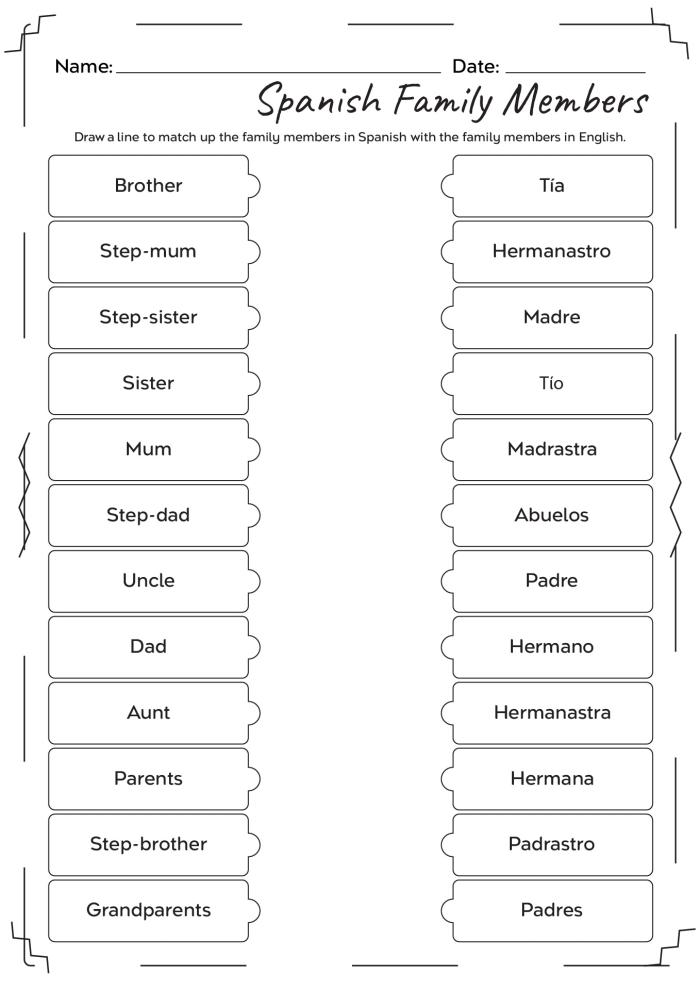 Spanish family vocabulary worksheet for third grade pattern exercises Third grade student completing a bilingual family members pattern activity