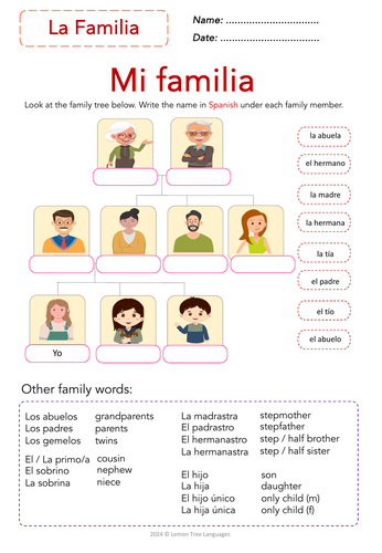 Spanish Family Members Vocabulary Chart for Elementary Students Illustration of family members labeled with Spanish and English words for a third grade bilingual learning activity