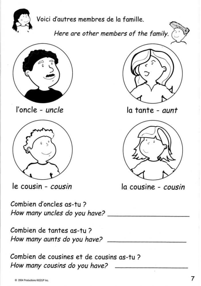 French Family Vocabulary and Math Skills Worksheet 16 First grade French vocabulary worksheet featuring family members and mixed math operations