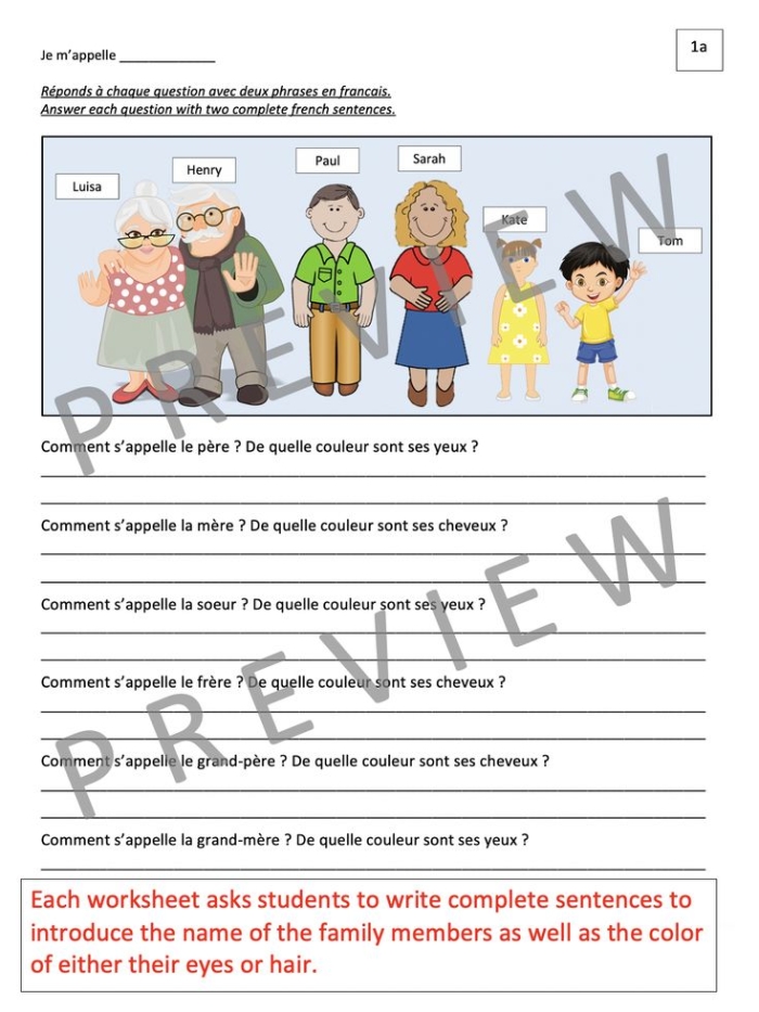 Engaging image for introducing family terms in French language education Family vocabulary worksheet for learning French with first graders