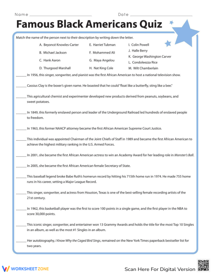 Famous Black Americans Quiz Worksheet 17 Fourth grade worksheet about famous African American figures including athletes and musicians