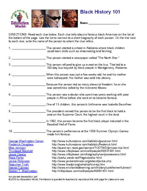 Famous Black Americans Quiz Worksheet Number 20 Fourth grade worksheet featuring a quiz about influential Black American historical figures