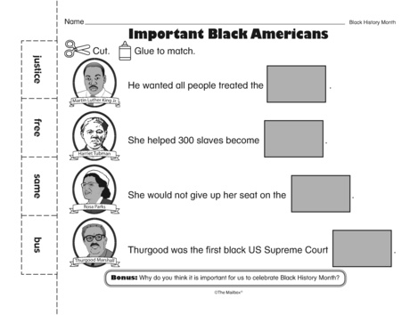 Famous Black Americans Quiz worksheet for reading comprehension and learning Worksheet featuring a quiz on notable Black American figures for fourth graders