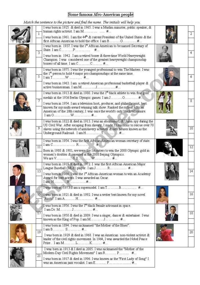 Interactive learning activity designed to educate students about notable African American contributions to society Famous Black Americans Quiz worksheet for fourth graders focusing on influential figures in music, sports, and literature