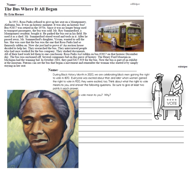 Worksheet featuring influential African American musicians, athletes, leaders, and writers Image of a Famous Black Americans Quiz worksheet designed for fourth-grade students