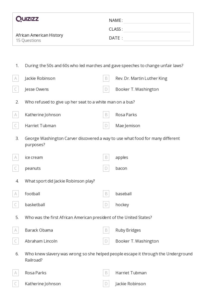 Engaging worksheet to educate students on significant contributions of African Americans to culture and society Famous Black Americans Quiz worksheet for fourth graders featuring influential musicians, athletes, leaders, and writers